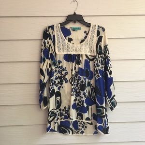 Chasensully Silk and Lace Floral Tunic Blue and White